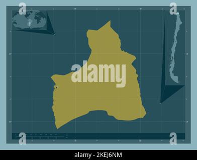 Arica y Parinacota, région du Chili. Forme de couleur unie. Lieux des principales villes de la région. Cartes d'emplacement auxiliaire d'angle Banque D'Images