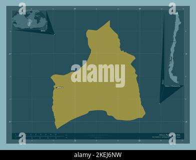 Arica y Parinacota, région du Chili. Forme de couleur unie. Lieux et noms des principales villes de la région. Cartes d'emplacement auxiliaire d'angle Banque D'Images