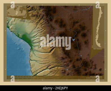 Arica y Parinacota, région du Chili. Carte d'altitude en couleur avec lacs et rivières. Lieux et noms des principales villes de la région. Coin auxiliaire Banque D'Images