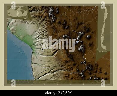 Arica y Parinacota, région du Chili. Carte d'altitude colorée en style wiki avec lacs et rivières. Lieux et noms des principales villes de la région. COR Banque D'Images