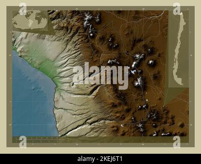 Arica y Parinacota, région du Chili. Carte d'altitude colorée en style wiki avec lacs et rivières. Cartes d'emplacement auxiliaire d'angle Banque D'Images