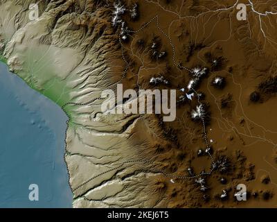 Arica y Parinacota, région du Chili. Carte d'altitude colorée en style wiki avec lacs et rivières Banque D'Images