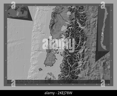 Los Lagos, région du Chili. Carte d'altitude à deux niveaux avec lacs et rivières. Cartes d'emplacement auxiliaire d'angle Banque D'Images