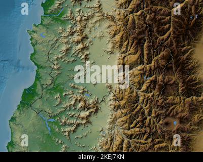 Région Metropolitana de Santiago, région du Chili. Carte d'altitude en couleur avec lacs et rivières Banque D'Images