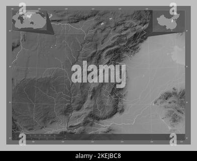 Shanxi, province de Chine. Carte d'altitude en niveaux de gris avec lacs et rivières. Cartes d'emplacement auxiliaire d'angle Banque D'Images