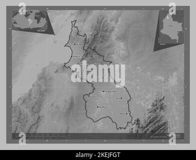 Sucre, département de Colombie. Carte d'altitude en niveaux de gris avec lacs et rivières. Lieux et noms des principales villes de la région. Emplacement auxiliaire du coin Banque D'Images