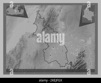 Sucre, département de Colombie. Carte d'altitude en niveaux de gris avec lacs et rivières. Lieux des principales villes de la région. Cartes d'emplacement auxiliaire d'angle Banque D'Images
