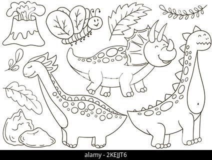 Ensemble d'illustrations vectorielles dessinées à la main. Dessins à colorier, affiche pour les amoureux des dinosaures. Dinosaure, œuf, volcan Illustration de Vecteur