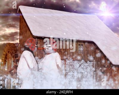 Deux bonhommes de neige fêtent Noël près d'un beau village maison - rendu 3d Banque D'Images