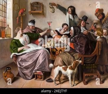 Jan Steen peinture, comme le vieux Sing, ainsi pipe les jeunes, huile sur toile, 1668-1670 Banque D'Images