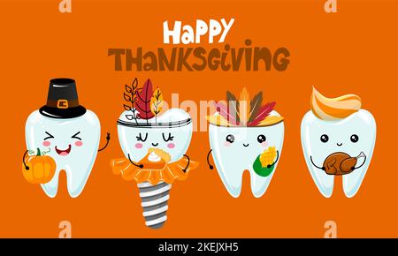 Joyeux Thanksgiving - les personnages de la famille Tooth sont conçus dans le style kawaii. Tothfée dessinée à la main avec citation amusante. Bon pour les affiches de prévention scolaire, saluez Illustration de Vecteur