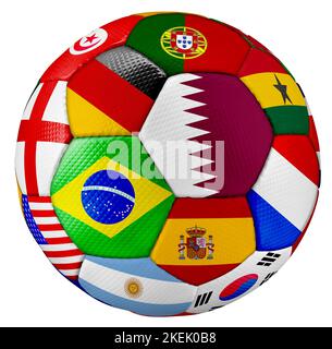 ballon de football coloré avec drapeaux nationaux de nombreux pays dans le monde isolé sur fond blanc. compétition de football et tournoi de sport concept Banque D'Images