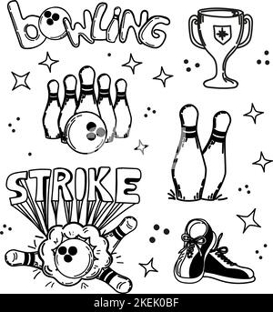 Un ensemble d'éléments dessinés à la main avec un thème de bowling. Boule de bowling, épingles, chaussures. Inscription manuscrite en forme de grève. La bille smashes les goupilles. Ballon volant dans la ta Illustration de Vecteur