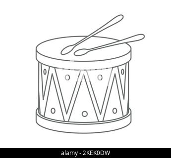 Tambour avec bâtons bébé jouet. Illustration vectorielle du Snare en blanc et noir sur fond isolé pour livre de coloriage. Dessin d'un instrument acoustique en bois d'époque dans un style de contour pour enfant. Illustration de Vecteur