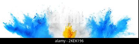 drapeau argentin coloré cyan bleu jaune couleur holi peinture poudre explosion sur fond blanc isolé. argentine amérique du sud qatar célébration Banque D'Images