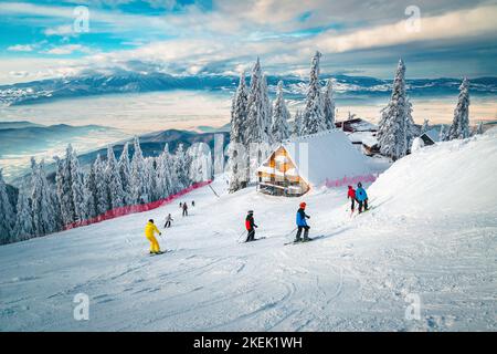 Piste de ski d'hiver admirable avec skieurs et forêt de pins enneigés en arrière-plan, Poiana Brasov, Carpates, Roumanie, Europe Banque D'Images