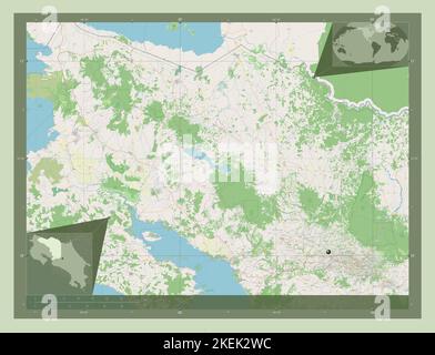 Alajuela, province du Costa Rica. Ouvrez la carte des rues. Cartes d'emplacement auxiliaire d'angle Banque D'Images