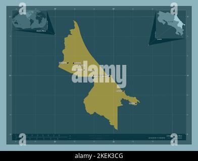 Limon, province du Costa Rica. Forme de couleur unie. Lieux et noms des principales villes de la région. Cartes d'emplacement auxiliaire d'angle Banque D'Images