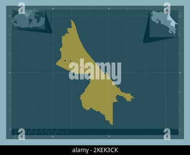 Limon, province du Costa Rica. Forme de couleur unie. Lieux des principales villes de la région. Cartes d'emplacement auxiliaire d'angle Banque D'Images