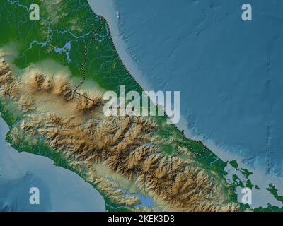 Limon, province du Costa Rica. Carte d'altitude en couleur avec lacs et rivières Banque D'Images