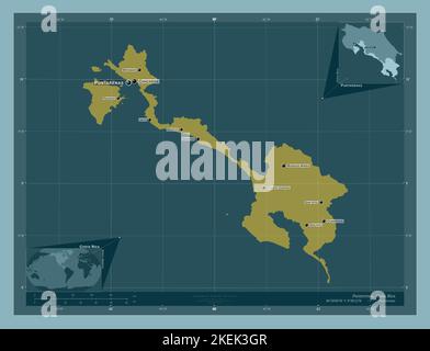 Puntarenas, province du Costa Rica. Forme de couleur unie. Lieux et noms des principales villes de la région. Cartes d'emplacement auxiliaire d'angle Banque D'Images