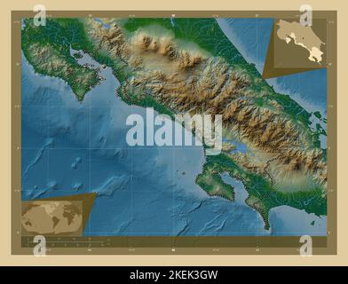Puntarenas, province du Costa Rica. Carte d'altitude en couleur avec lacs et rivières. Cartes d'emplacement auxiliaire d'angle Banque D'Images