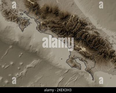 Puntarenas, province du Costa Rica. Carte d'altitude colorée en tons sépia avec lacs et rivières Banque D'Images