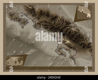Puntarenas, province du Costa Rica. Carte d'altitude colorée en tons sépia avec lacs et rivières. Lieux des principales villes de la région. Coin auxili Banque D'Images