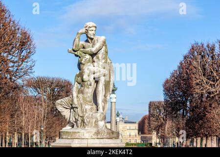 Statue d'un homme debout reposant son bras au-dessus de la tête d'une femme assise, au jardin des Grands explorateurs Marco Polo et Cavelier de la salle. Banque D'Images