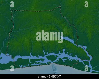 Abidjan, district autonome de Côte d'Ivoire. Carte d'altitude en couleur avec lacs et rivières Banque D'Images