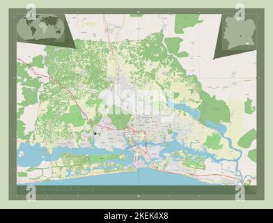 Abidjan, district autonome de Côte d'Ivoire. Ouvrez la carte des rues. Cartes d'emplacement auxiliaire d'angle Banque D'Images