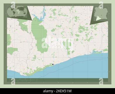 Bas-Sassandra, district de Côte d'Ivoire. Ouvrez la carte des rues. Cartes d'emplacement auxiliaire d'angle Banque D'Images