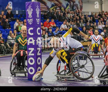 Sheffield, Royaume-Uni. 13th novembre 2022. Jeremy Bourson, de France, fait un essai lors de la demi-finale de la coupe du monde de rugby en fauteuil roulant 2021, France contre Australie à l'Institut anglais du sport Sheffield, Sheffield, Royaume-Uni, 13th novembre 2022 (photo de Mark Cosgrove/News Images) à Sheffield, Royaume-Uni, le 11/13/2022. (Photo de Mark Cosgrove/News Images/Sipa USA) crédit: SIPA USA/Alay Live News Banque D'Images