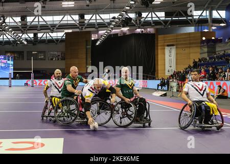 Sheffield, Royaume-Uni. 13th novembre 2022. Jeremy Bourson, de France, fait un essai lors de la demi-finale du match de rugby en fauteuil roulant de la coupe du monde 2021 demi-finale France contre Australie à l'Institut anglais du sport Sheffield, Sheffield, Royaume-Uni, 13th novembre 2022 (photo de Mark Cosgrove/News Images) Credit: News Images LTD/Alay Live News Banque D'Images