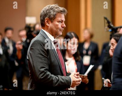 Singapour. 13th novembre 2022. Robert Habeck (Bündnis 90/Die Grünen), vice-chancelier et ministre fédéral des Affaires économiques et de la protection du climat, s'adresse aux journalistes. Le ministre participe à la Conférence Asie-Pacifique des entreprises allemandes (APK) de 17th. Credit: Britta Pedersen/dpa/Alay Live News Banque D'Images