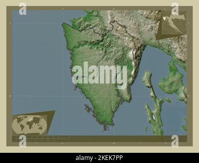 Istarska, comté de Croatie. Carte d'altitude colorée en style wiki avec lacs et rivières. Cartes d'emplacement auxiliaire d'angle Banque D'Images