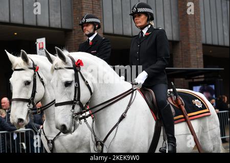 Newcastle, Royaume-Uni. 13th novembre 2022. 13/11/2022 défilé du dimanche du souvenir, Newcastle. Parker et Pluton, de la division de chevaux de la police de Northumbria, dirigent le défilé. Les mêmes chevaux de police font également partie du cortège funéraire de la reine Elizabeth. Crédit au Royaume-Uni : Robert Chambers/Alay Live News Banque D'Images