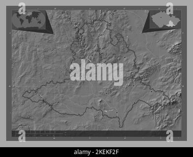 Jihomoravsky, région de la République tchèque. Carte d'altitude à deux niveaux avec lacs et rivières. Lieux des principales villes de la région. Emplacement auxiliaire du coin Banque D'Images