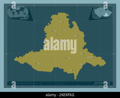 Jihomoravsky, région de la République tchèque. Forme de couleur unie. Lieux et noms des principales villes de la région. Cartes d'emplacement auxiliaire d'angle Banque D'Images