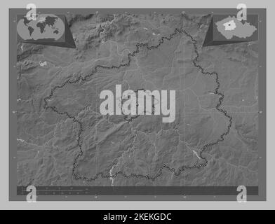 Stredocesky, région de la République tchèque. Carte d'altitude en niveaux de gris avec lacs et rivières. Cartes d'emplacement auxiliaire d'angle Banque D'Images