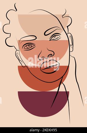 Femme africaine. Portrait féminin minimaliste abstrait avec une ligne continue pour le logo. Formes géométriques. Illustration de Vecteur