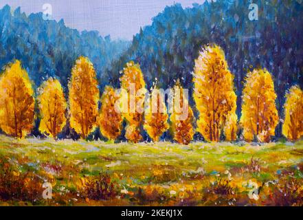 Peinture à l'huile originale magnifique arbre d'automne sur toile. Harmonie d'automne. Peinture paysage d'automne ensoleillé Banque D'Images