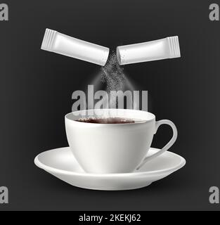 3d icône de vecteur réaliste. Tasse de café blanc avec sucre . Isolé sur fond sombre. Illustration de Vecteur
