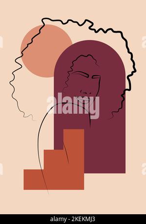 Portrait abstrait d'une femme africaine dans un style minimaliste. Affiche murale pour femmes. Formes géométriques. Illustration de Vecteur