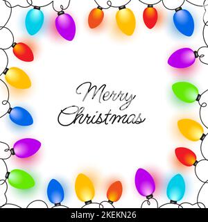 Cadre de Noël avec lumières de Noël colorées. Carte de vœux festive d'hiver avec lumières de Noël et typographie de joyeux Noël Illustration de Vecteur