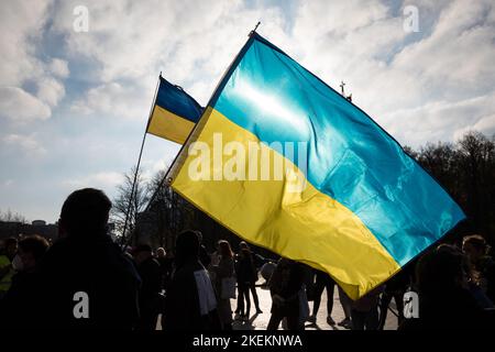 Berlin, Allemagne. 13th novembre 2022. À Berlin, sur 13 novembre 2022, les gens se sont rassemblés à la porte de Brandebourg pour une manifestation contre la guerre russe en Ukraine. Certains manifestants ont prononcé des discours lors de la manifestation, qui a eu lieu sous le slogan anti-Z. De nombreux signes ont été mis en avant selon lesquels Poutine serait un meurtrier et que l’Ukraine aurait immédiatement besoin d’armes. (Credit image: © Michael Kuenne/PRESSCOV via ZUMA Press Wire) Banque D'Images