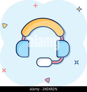 Icône du service d'assistance en style comique. Illustration vectorielle de casque sur fond blanc isolé. Le concept commercial effet de destruction de l'opérateur de discussion. Illustration de Vecteur