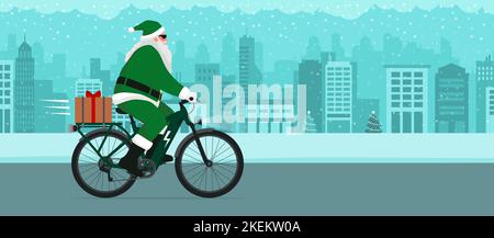 Le Père Noël écologique contemporain est équipé d'un vélo électronique et d'un cadeau de Noël, concept de mobilité durable Illustration de Vecteur