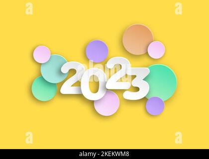 Le papier de la nouvelle année 2023 a été découpé dans des couleurs délicates. Carte de voeux décorative 2023 Bonne Année. Bannière de Noël colorée, fond jaune Illustration de Vecteur