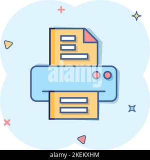 Icône imprimante de bureau en style comique. Illustration vectorielle de la bande dessinée de télécopie sur fond blanc isolé. Concept commercial impression de texte effet de destruction. Illustration de Vecteur